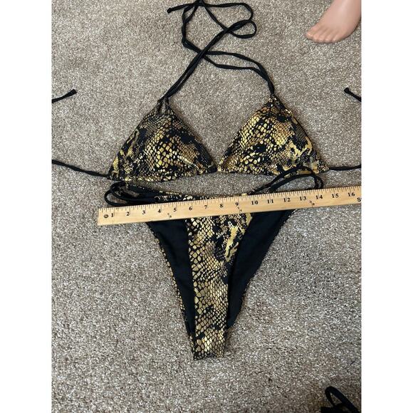 Bikini Beach snakeskin halter thigh high padded top gold/black swimsuit SZ M - Picture 4 of 5
